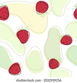 Hand drawn cute doodle strawberry white seamless  pattern. Red berry paper line green abstract.