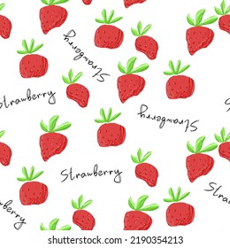 Hand drawn cute doodle strawberry text, white seamless pattern. Red berry, food for kitchen, paper.