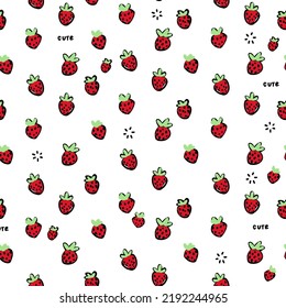 Hand drawn cute doodle strawberry, white seamless pattern. Mini red berry, food for kitchen, paper, kids, baby.