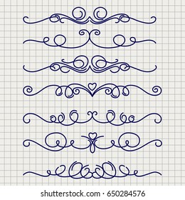 Hand drawn cute doodle thin line borders on notebook page. Vector illustration
