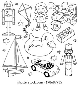 Hand drawn cute doodle toys set 4. Vector illustration.