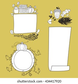 Hand drawn cute doodle vector illustration. Autumn card. Blank. Place your text here. Acorn and leaves.