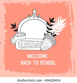 Hand drawn cute doodle vector illustration. Autumn greeting card. Blank. Place your words here. Lettering and text. Books and tea.
