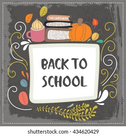 Hand drawn cute doodle vector illustration. Autumn postcard. Blank. Place your text here. Books and tea. Back to school theme. 