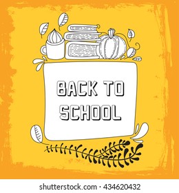 Hand drawn cute doodle vector illustration. Autumn postcard. Blank. Place your text here. Books and tea. Back to school theme. 