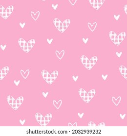 Hand drawn cute doodle white hearts pink seamless love pattern. For Valentine's Day, weddings.