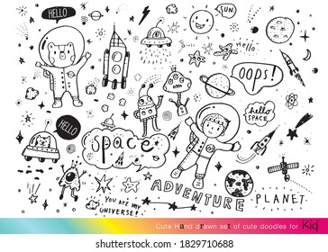 Hand drawn cute doodles cartoon set of space objects and symbols,Space ships, rockets, space shuttle, planets, flying saucers, astronauts etc.