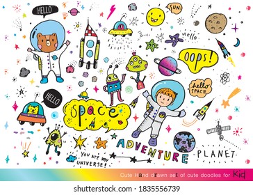 Hand drawn cute doodles cartoon set of space objects and symbols,Space ships, rockets, space shuttle, planets, flying saucers, astronauts etc