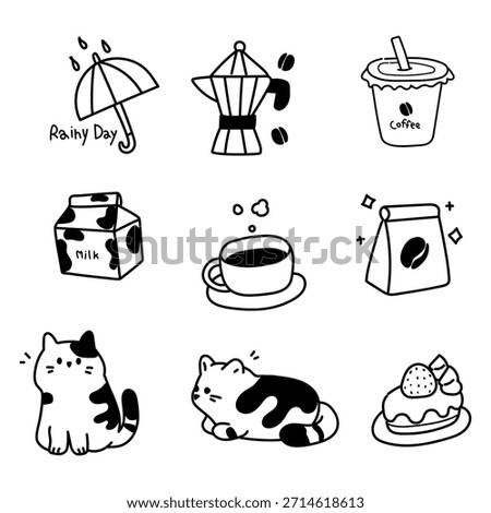 Hand drawn cute doodles of coffee cats and food Black and white line art vector set for cafe menu or stickers Minimalist outline icons