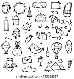 Hand drawn cute doodles collection elements vector illustration of animal, tree, word, objects for prints design or card design
