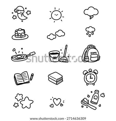 Hand drawn cute doodles of daily routine and morning items Vector set includes weather breakfast school and hygiene icons Black and white line art for planner