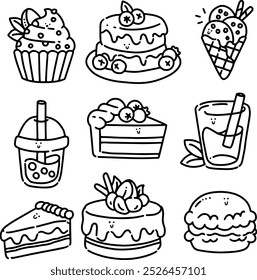 Doodles lindos dibujados a mano postre y bebida para colorear.