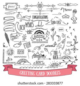 Hand drawn cute doodles for greeting card, wedding invitation: frames, ribbons, arrows, flowers, branches and other elements.
