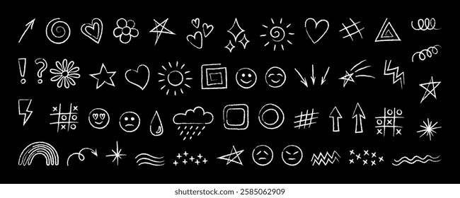 Hand drawn cute doodles for kids. Collection of chalk white vector illustrations isolated on black background - hearts, smilies, arrows and so on. Big set simple elements - flowers, stars and weather.