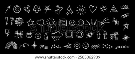 Hand drawn cute doodles for kids. Collection of chalk white vector illustrations isolated on black background - hearts, smilies, arrows and so on. Big set simple elements - flowers, stars and weather.