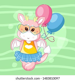 hand drawn cute dragon and balloons