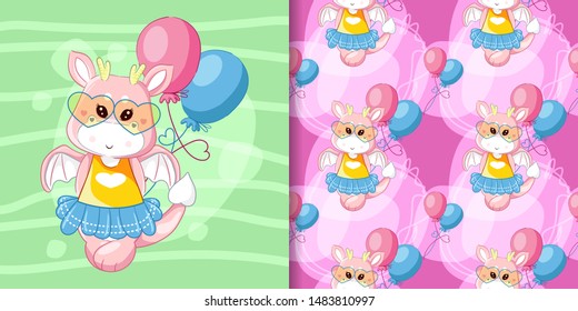 hand drawn cute dragon and balloons with pattern set