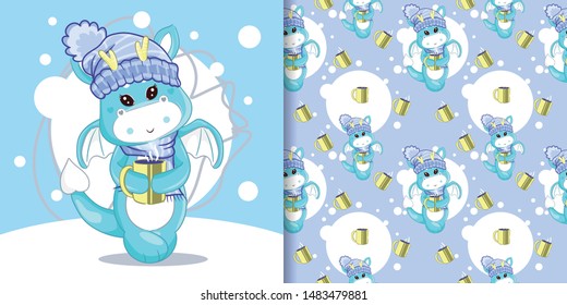 hand drawn cute dragon drink a coffee with pattern set