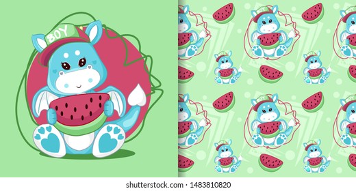 hand drawn cute dragon eating watermelon with pattern set