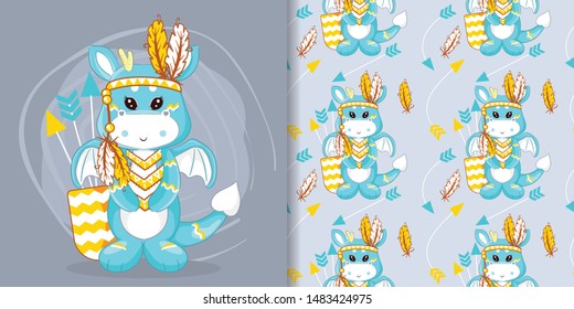 hand drawn cute dragon and feathers with pattern set