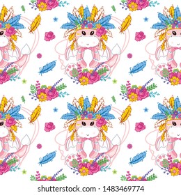 hand drawn cute dragon and feathers pattern set