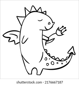 Hand drawn cute dragon with a flower in hand isolated on white. Vector illustration. Perfect for print, coloring book, greeting card.