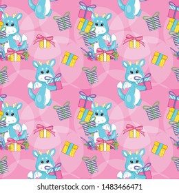 hand drawn cute dragon and gift pattern set