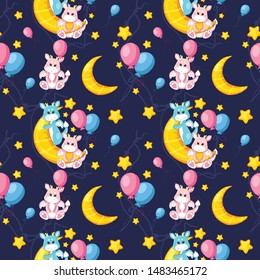 hand drawn cute dragon on the moon pattern set
