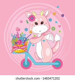 hand drawn cute dragon riding scooter