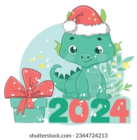 Hand Drawn Cute Dragon in Santa hat symbol 2024 chinese new year vector illustration, kids simple illustration