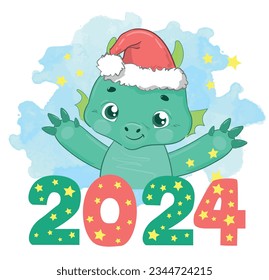 Hand Drawn Cute Dragon in Santa hat symbol 2024 chinese new year vector illustration, kids simple illustration