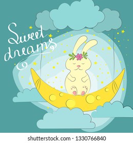 Hand drawn cute dreaming bunny on the moon. Vector illustration.