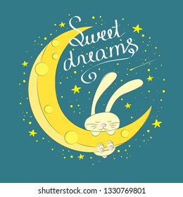 Hand drawn cute dreaming bunny on the moon. Vector illustration.