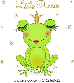 Hand drawn cute, dreaming little princess frog, with crown. Vector illustration.