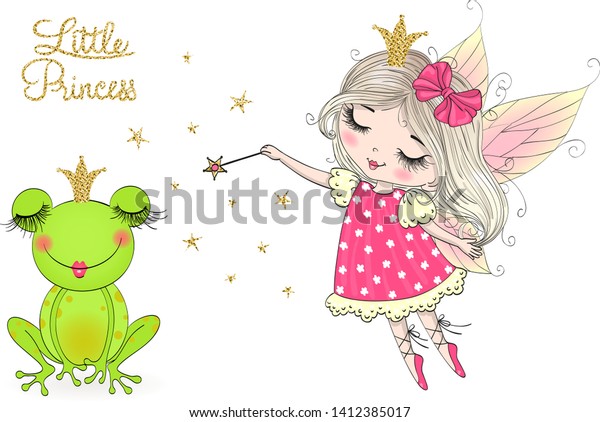 手描きのかわいい 夢を見る小さな王女のカエル 王冠とかわいい女の子 ベクターイラスト のベクター画像素材 ロイヤリティフリー