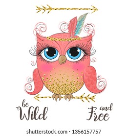 Hand drawn cute, dreaming, wild little tribal owl. Vector illustration.