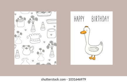 Hand Drawn with cute duck. vector print.