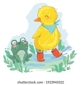 Hand drawn cute duckling and frog vector illustration cute friends on a rainy day