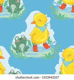 Hand drawn cute duckling and frog vector illustration seamless pattern cute friends on a rainy day