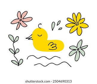 Hand drawn cute duckling swims in the water. Animal cartoon vector character. Perfect doodle print for tee, poster, card, sticker.


