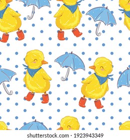 Hand drawn cute duckling and umbrella vector illustration seamless pattern Cute little duck bird rainy day 