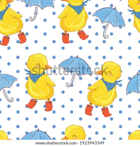Hand drawn cute duckling and umbrella vector illustration seamless pattern Cute little duck bird rainy day 