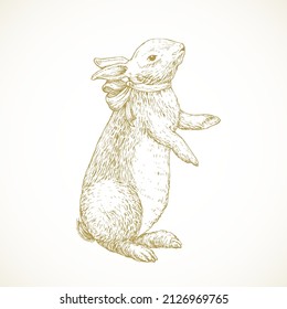 Hand Drawn Cute Easter Bunny Vector Illustration. Little Rabbit with Ribbon Abstract Sketch. Spring Holiday Engraving Style Drawing. Isolated