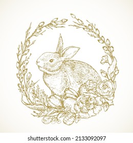 Hand Drawn Cute Easter Bunny in a Flowers Wreath Vector Illustration. Little Rabbit in a Willow Twigs Frame Abstract Sketch. Spring Holiday Engraving Style Drawing Isolated