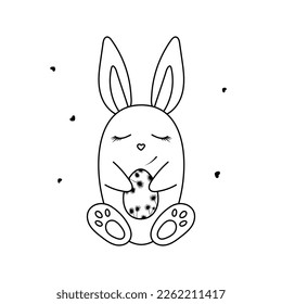 Hand drawn cute Easter bunny with egg. Happy Easter doodle clipart. Isolated on white background.