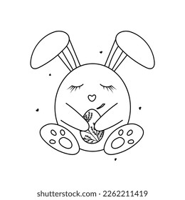 Hand drawn cute Easter bunny with egg. Happy Easter doodle clipart. Isolated on white background.