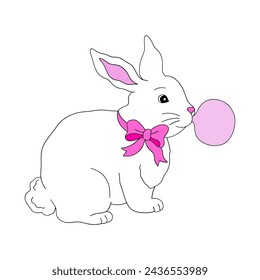 Hand drawn cute Easter bunny with pink bow blowing gum bubble vector illustration isolated on white. Linear happy Easter holiday print poster postcard themed graphics. 
