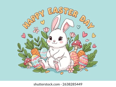 Hand drawn Cute Easter Bunny with Eggs and Flowers, Happy Easter Day. Vector illustration