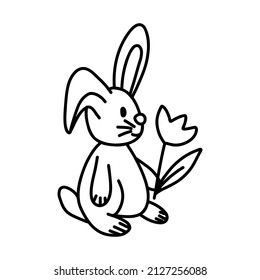 La mano dibujó un lindo conejo de Pascua con flor de tulipán. Blanco y negro.  Ilustración vectorial en estilo doodle sobre fondo blanco