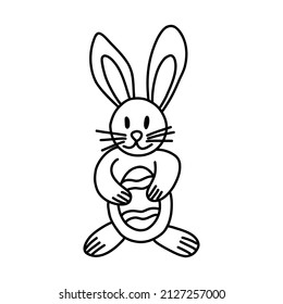 Hand drawn cute easter rabbit with egg. Black and white.  Vector illustration in doodle style on white background